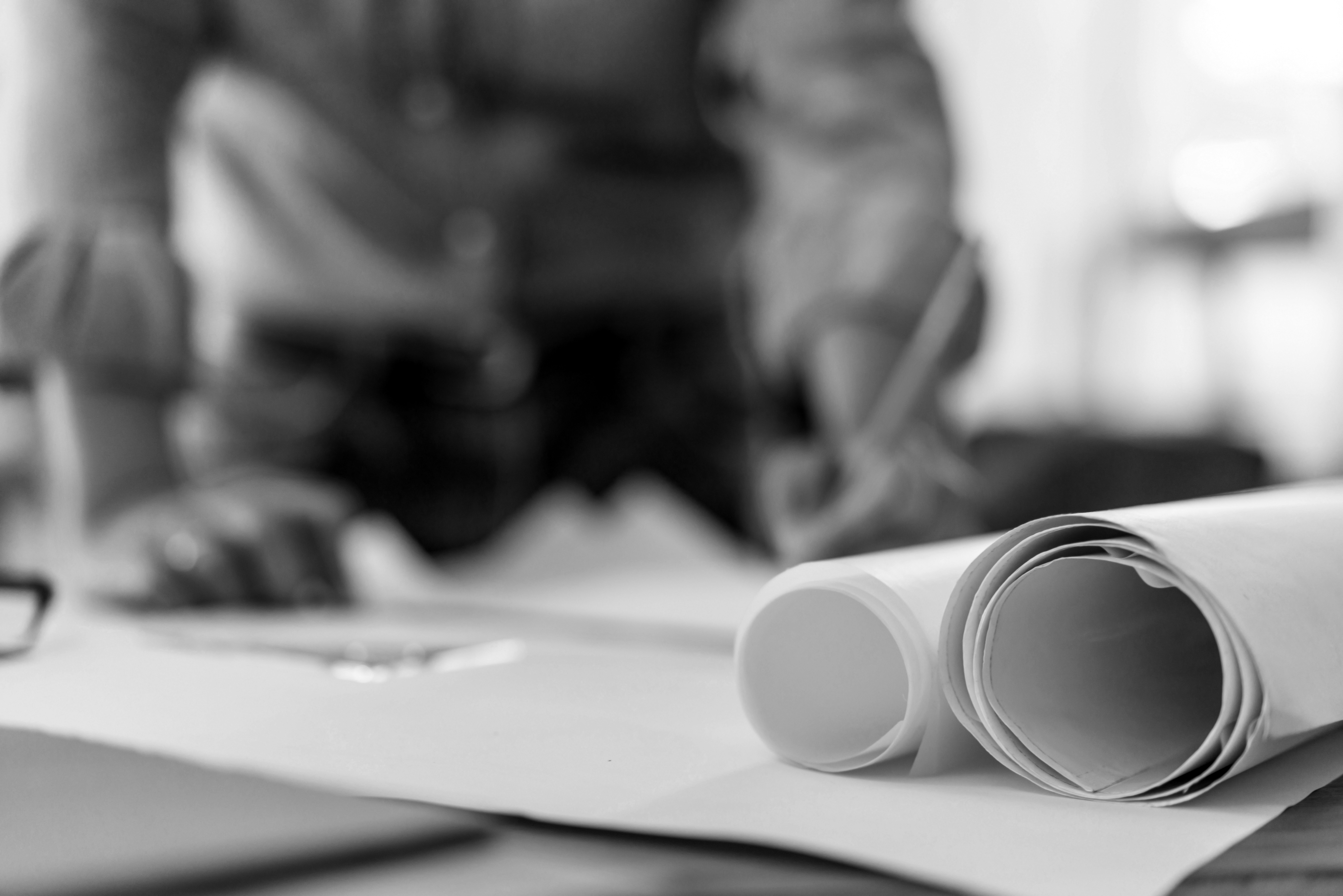 business, architecture drawing on blueprint architectural concept, soft focus